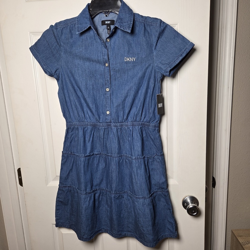 DKNY girls sz LG (12) denim tiered shirt dress NWT casual party 100% cotton